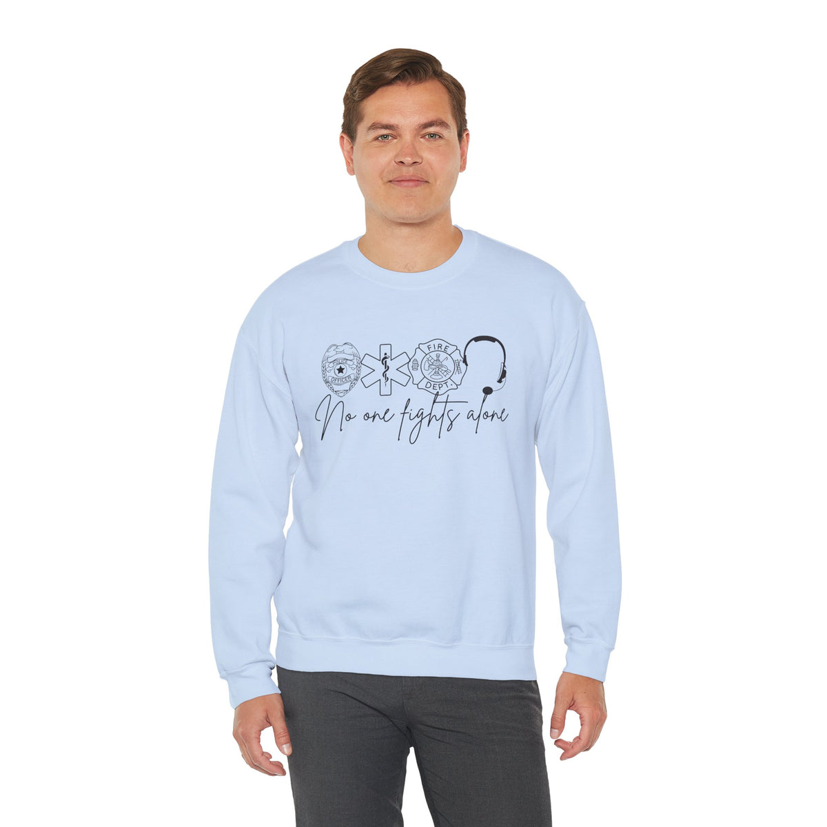 No One Fights Alone, Heroes – Gildan Heavy Blend | Trendy Women’s and Men's Soft Sweatshirt. Direct to Garment. Printed & Shipped in the USA. Unisex Sizes.