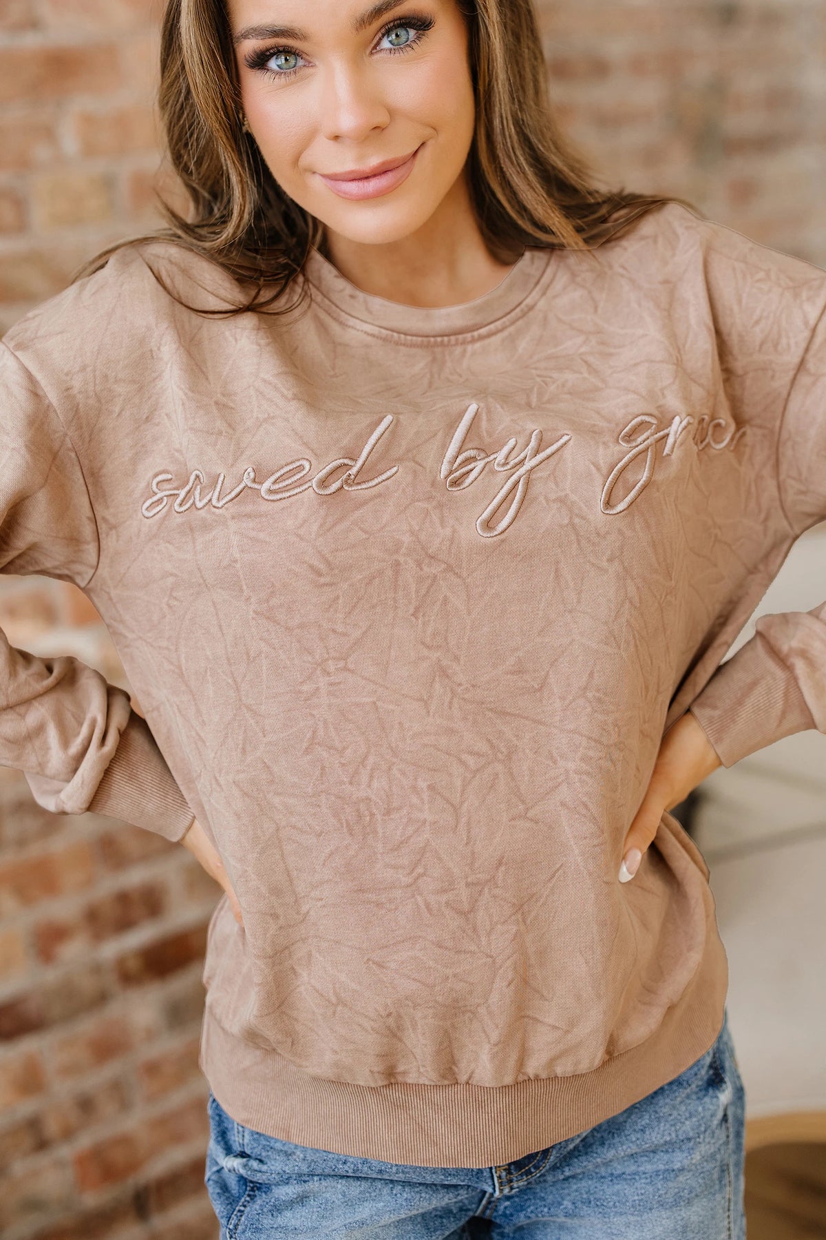 Saved By Grace (Beige) Letter Embroidery Mineral Wash Loose Sweatshirt