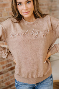 Saved By Grace (Beige) Letter Embroidery Mineral Wash Loose Sweatshirt
