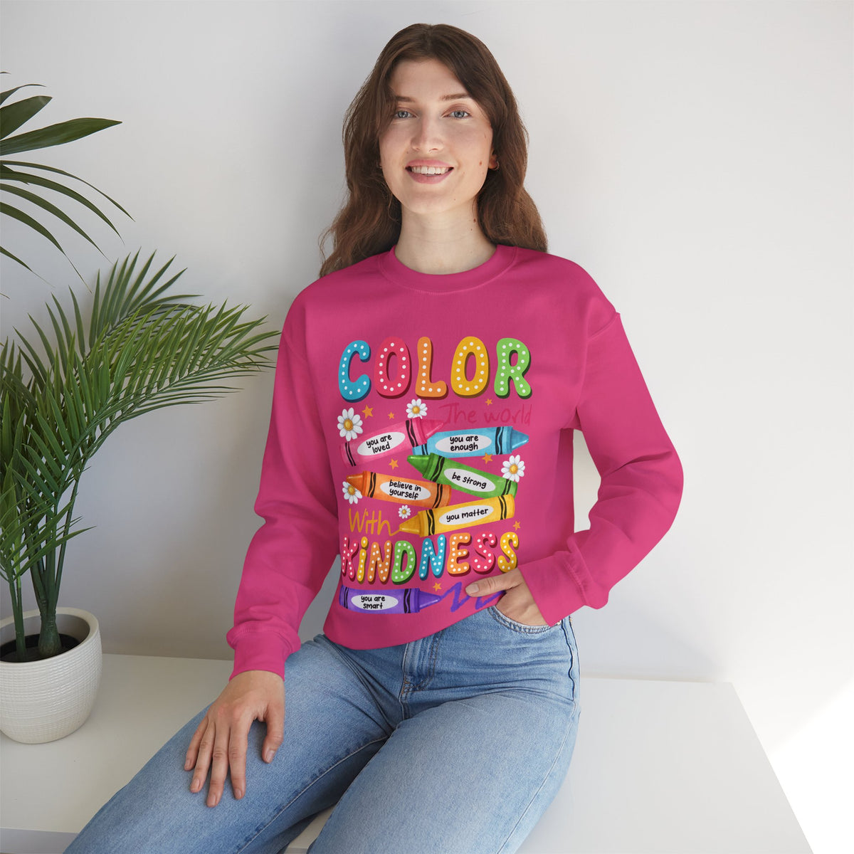 Color the World With Kindness Crayons, Great Teacher Gift – Gildan Heavy Blend | Trendy Women’s and Men's Soft Sweatshirt. Direct to Garment. Printed & Shipped in the USA. Unisex Sizes.