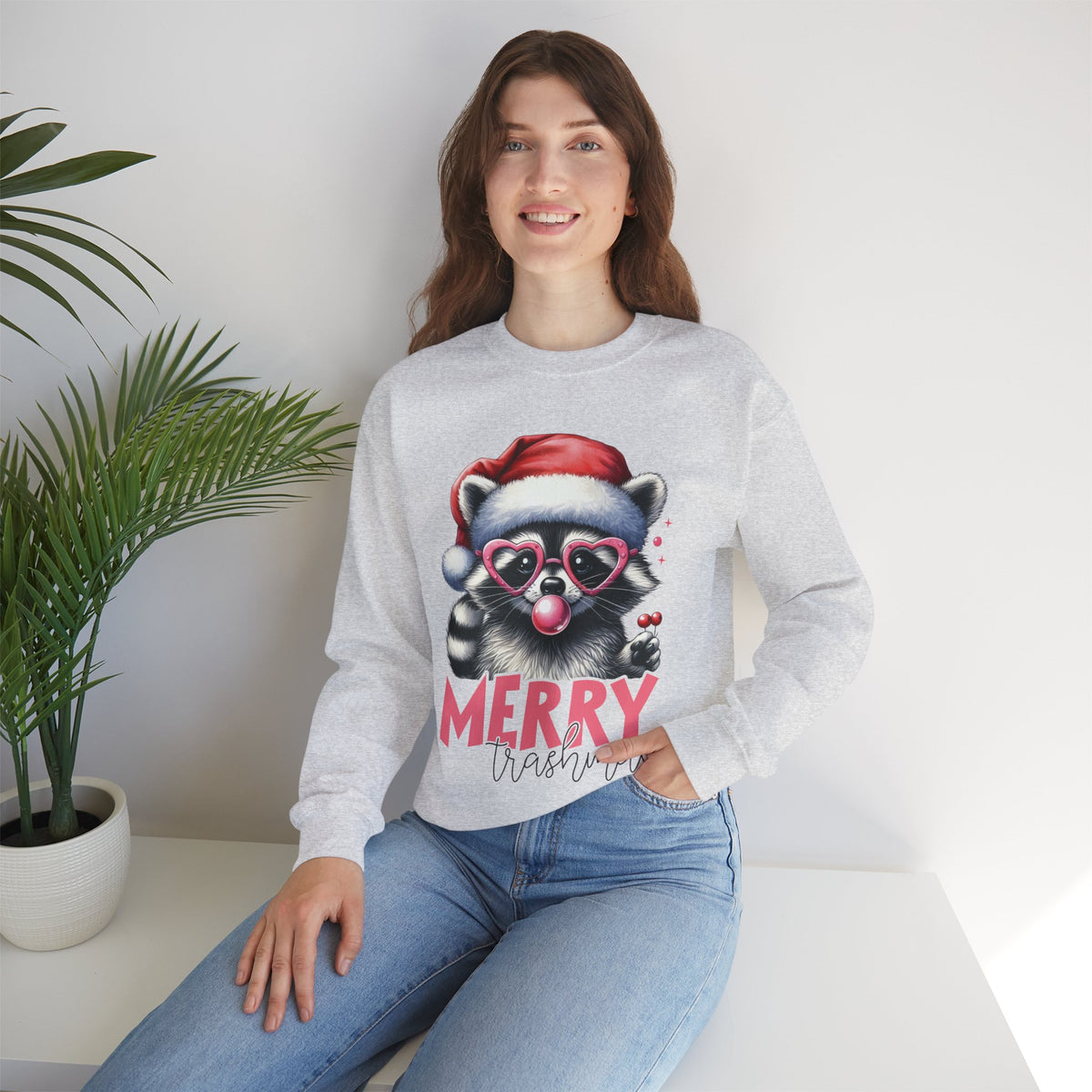 Merry Trashmas Bubblegum Raccoon w/Santa Hat Christmas – Gildan Heavy Blend | Trendy Women’s Soft Sweatshirt. Direct to Garment. Printed & Shipped in the USA. Unisex Sizes.