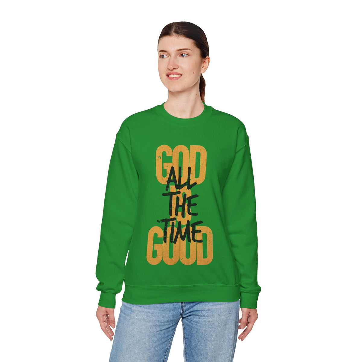 God is Good All The Time – Gildan Heavy Blend | Trendy Women’s and Men's Soft Sweatshirt. Direct to Garment. Printed & Shipped in the USA. Unisex Sizes.