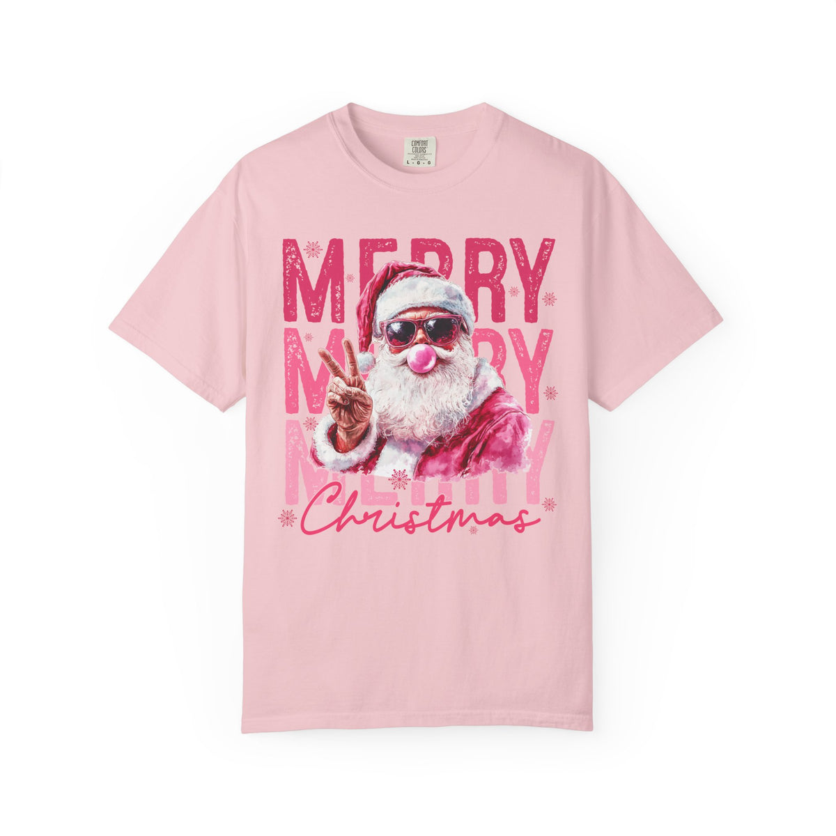 Pink Merry Christmas Bubblegum Santa - Comfort Colors | Trendy Women's T-Shirt. Direct to Garment. Printed & Shipped in the USA. Unisex Sizes.