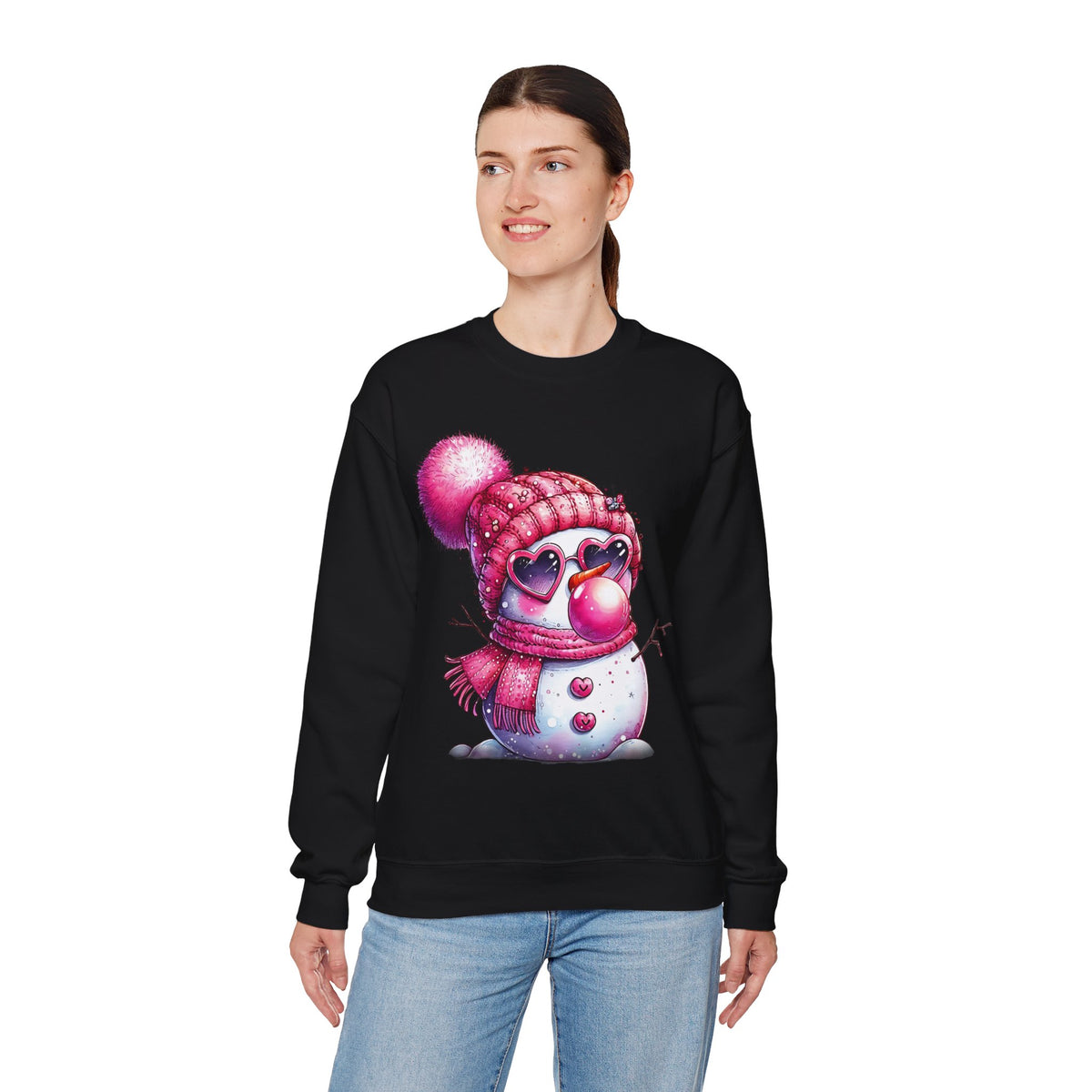 Pink Girly Snowman with Heart Sunglasses and Bubblegum - Winter – Gildan Heavy Blend | Trendy Women’s Soft Sweatshirt. Direct to Garment. Printed & Shipped in the USA. Unisex Sizes.
