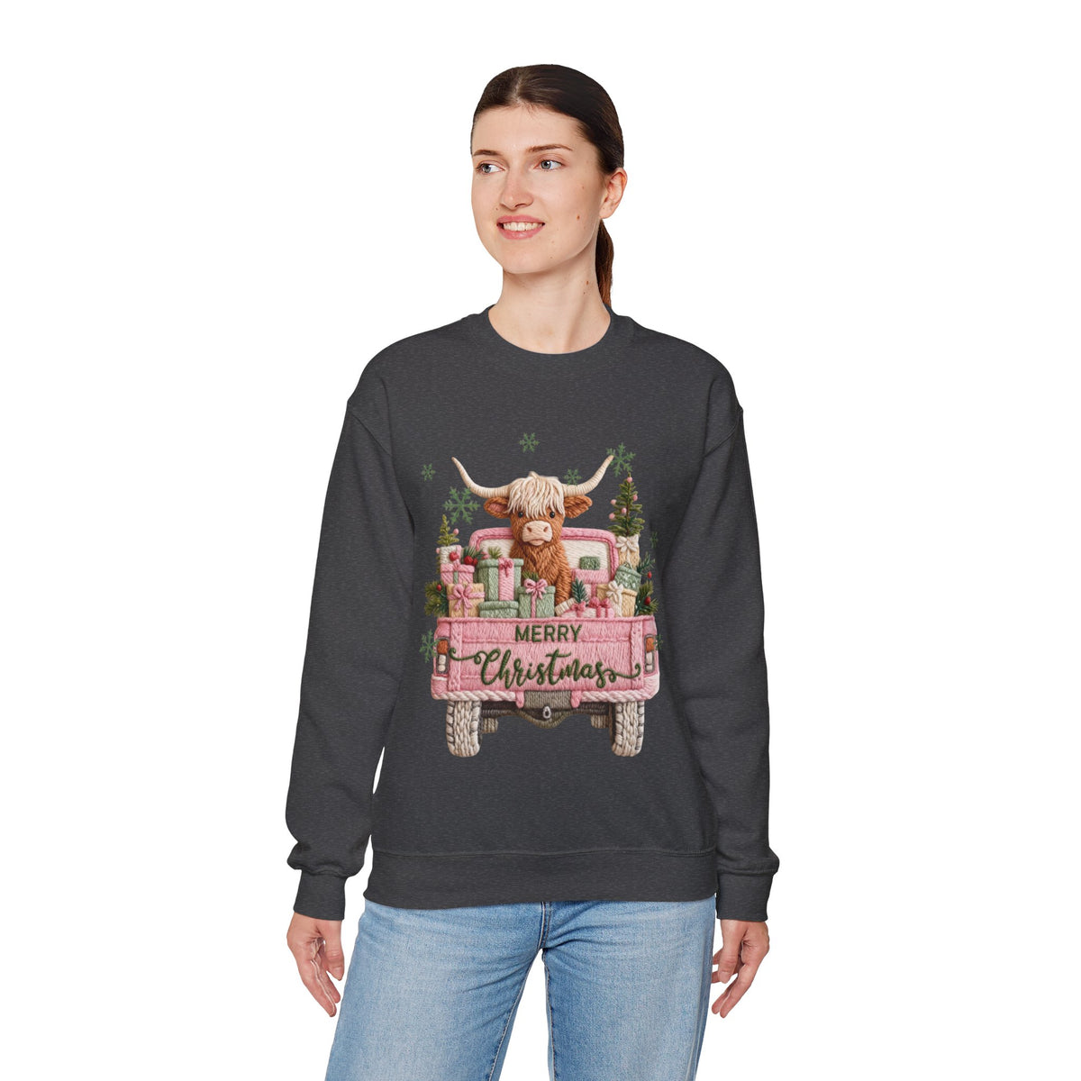 Highland Cow in Pink Truck Merry Christmas Holiday Farmhouse – Gildan Heavy Blend | Trendy Women’s Soft Sweatshirt. Direct to Garment. Printed & Shipped in the USA. Unisex Sizes.