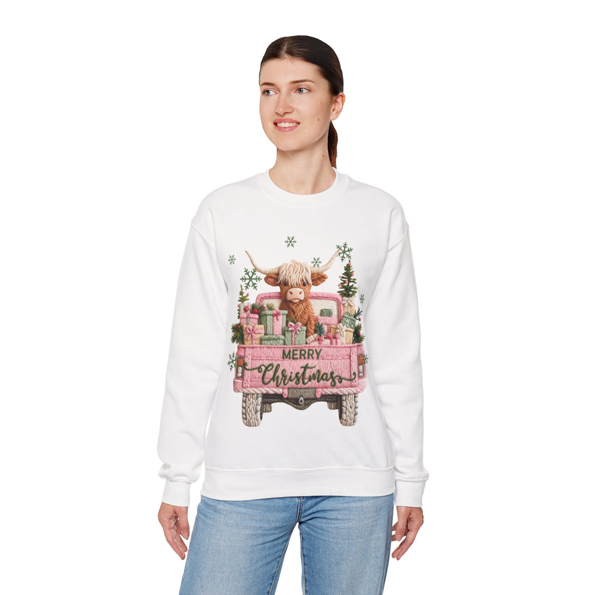 Highland Cow in Pink Truck Merry Christmas Holiday Farmhouse – Gildan Heavy Blend | Trendy Women’s Soft Sweatshirt. Direct to Garment. Printed & Shipped in the USA. Unisex Sizes.