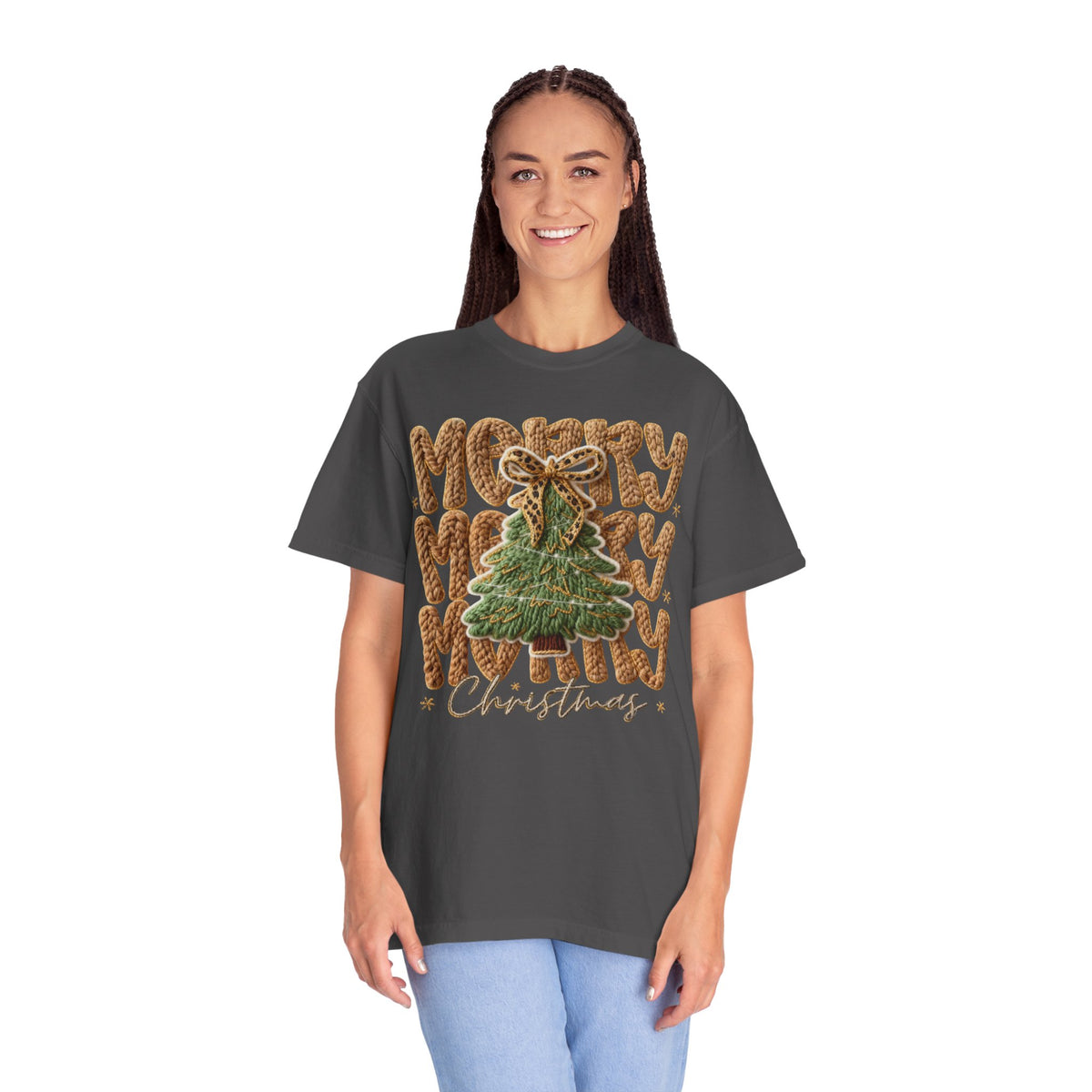 Merry Merry Merry Christmas, Faux Latch Hook Yarn - Comfort Colors | Trendy Women's T-Shirt. Direct to Garment. Printed & Shipped in the USA. Unisex Sizes.