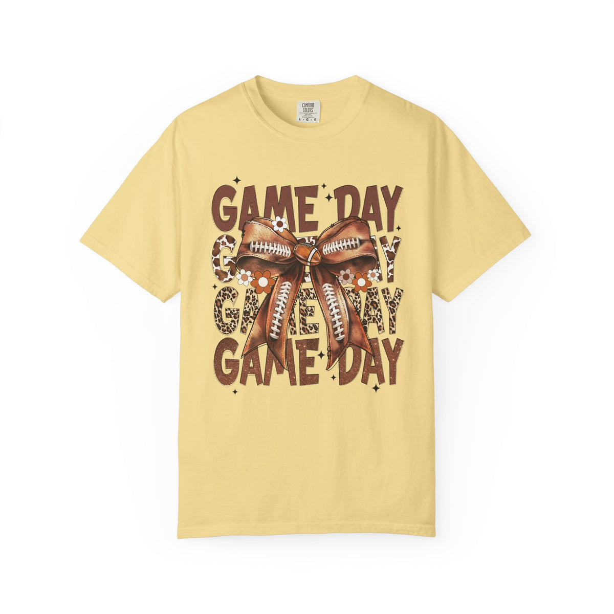 Game Day - Football Bow - Comfort Colors | Trendy Women's T-Shirt. Direct to Garment. Printed & Shipped in the USA. Unisex Sizes.