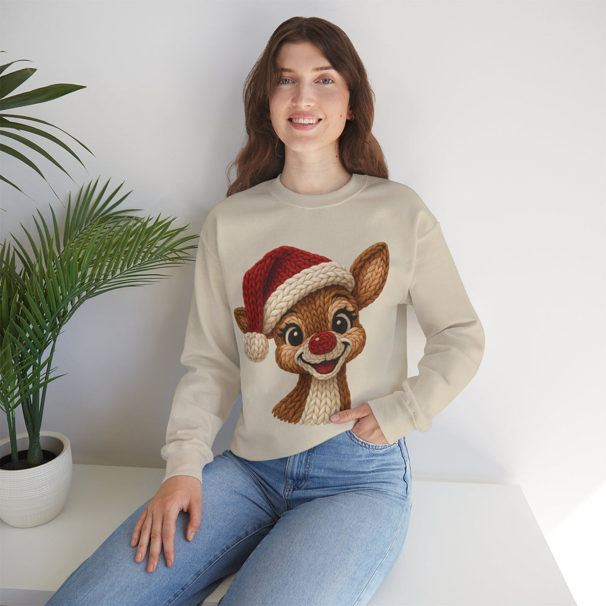 Cute Rudolph Faux Knit Look Reindeer w/Santa Hat – Gildan Heavy Blend | Trendy Women’s Soft Sweatshirt. Direct to Garment. Printed & Shipped in the USA. Unisex Sizes.
