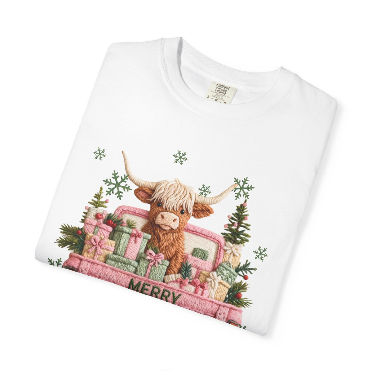Highland Cow in Pink Truck Merry Christmas Holiday Farmhouse - Comfort Colors | Trendy Women's T-Shirt. Direct to Garment. Printed & Shipped in the USA. Unisex Sizes.