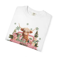 Highland Cow in Pink Truck Merry Christmas Holiday Farmhouse - Comfort Colors | Trendy Women's T-Shirt. Direct to Garment. Printed & Shipped in the USA. Unisex Sizes.