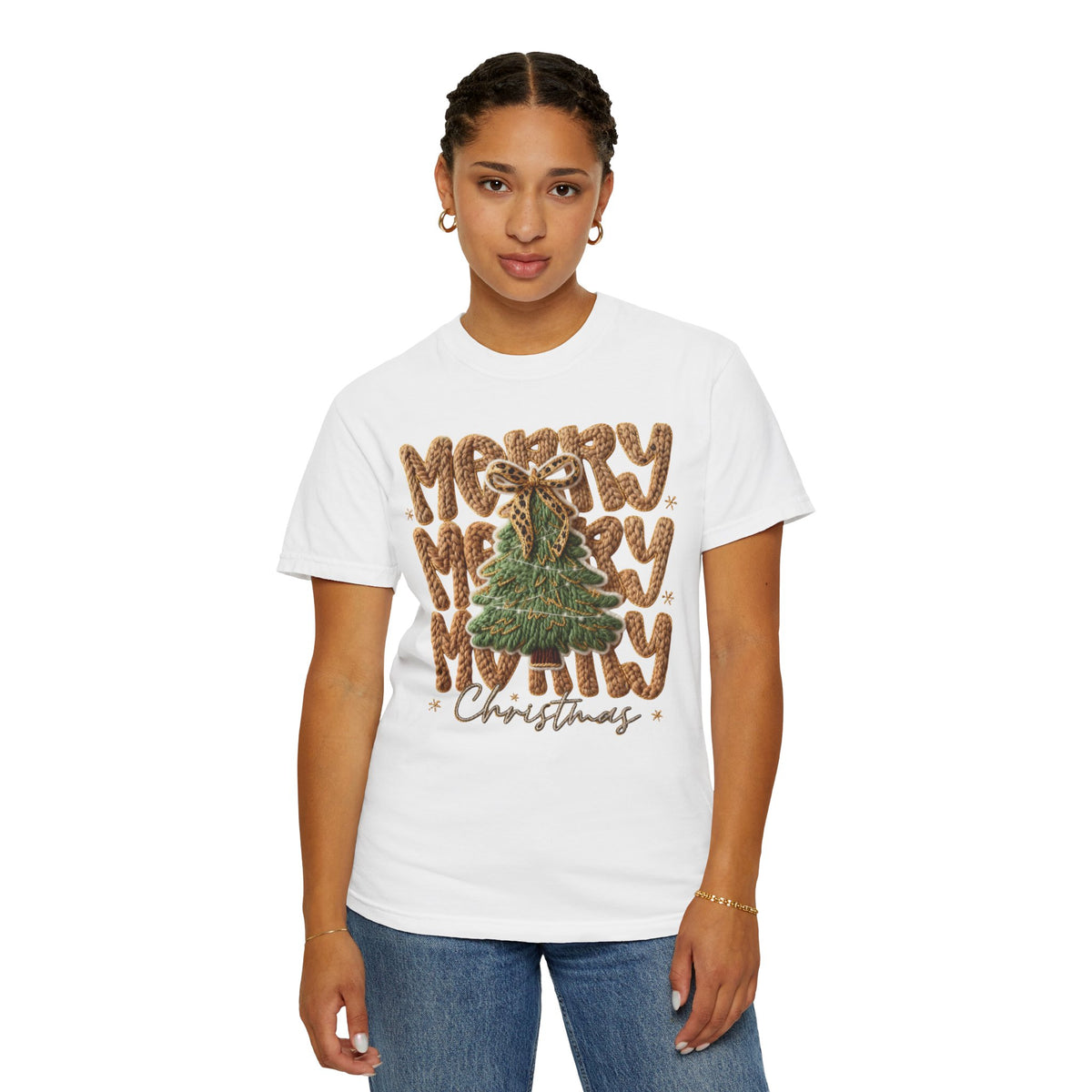Merry Merry Merry Christmas, Faux Latch Hook Yarn - Comfort Colors | Trendy Women's T-Shirt. Direct to Garment. Printed & Shipped in the USA. Unisex Sizes.