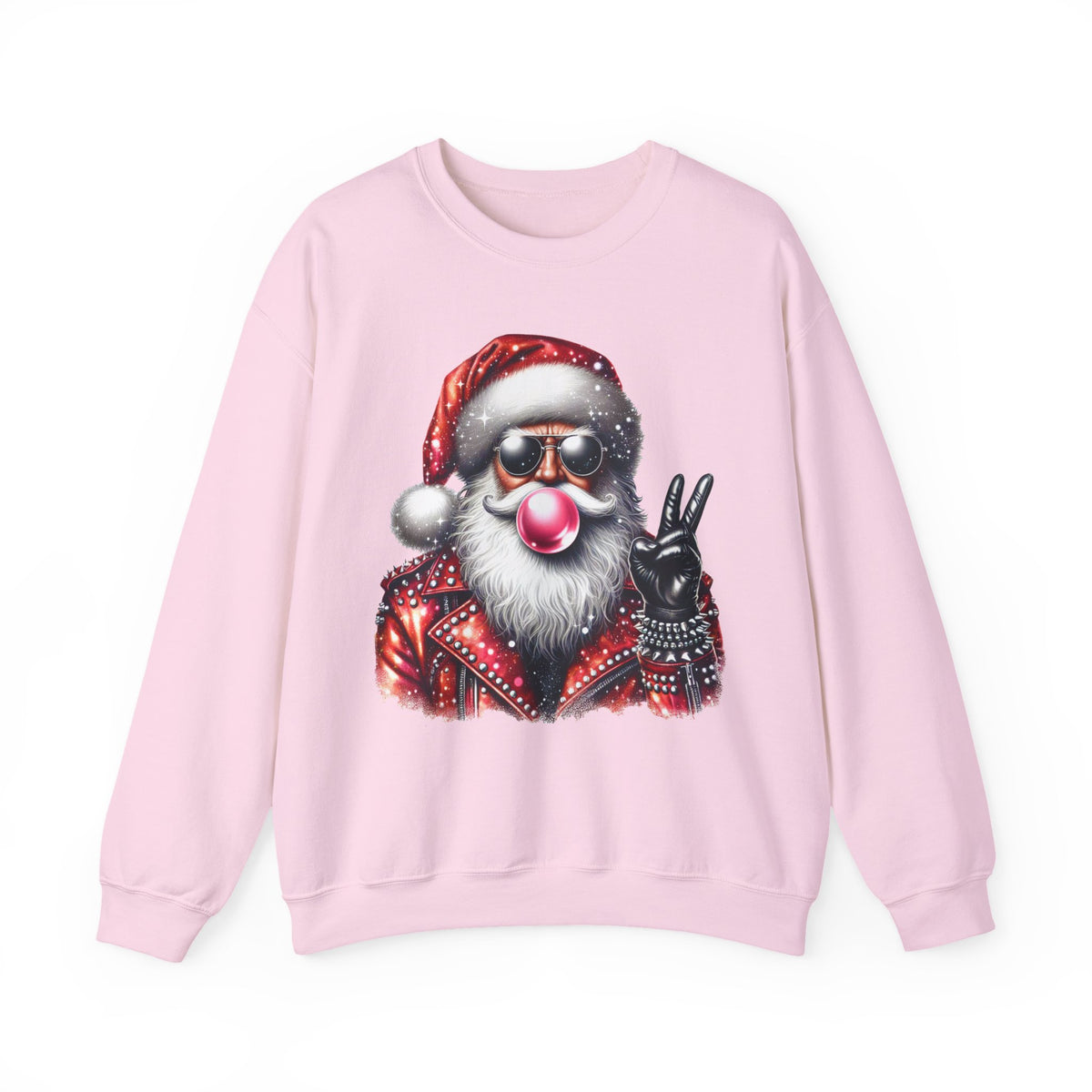 Biker Santa Leather Jacket Bubblegum – Gildan Heavy Blend | Trendy Women’s and Men's Soft Sweatshirt. Direct to Garment. Printed & Shipped in the USA. Unisex Sizes.
