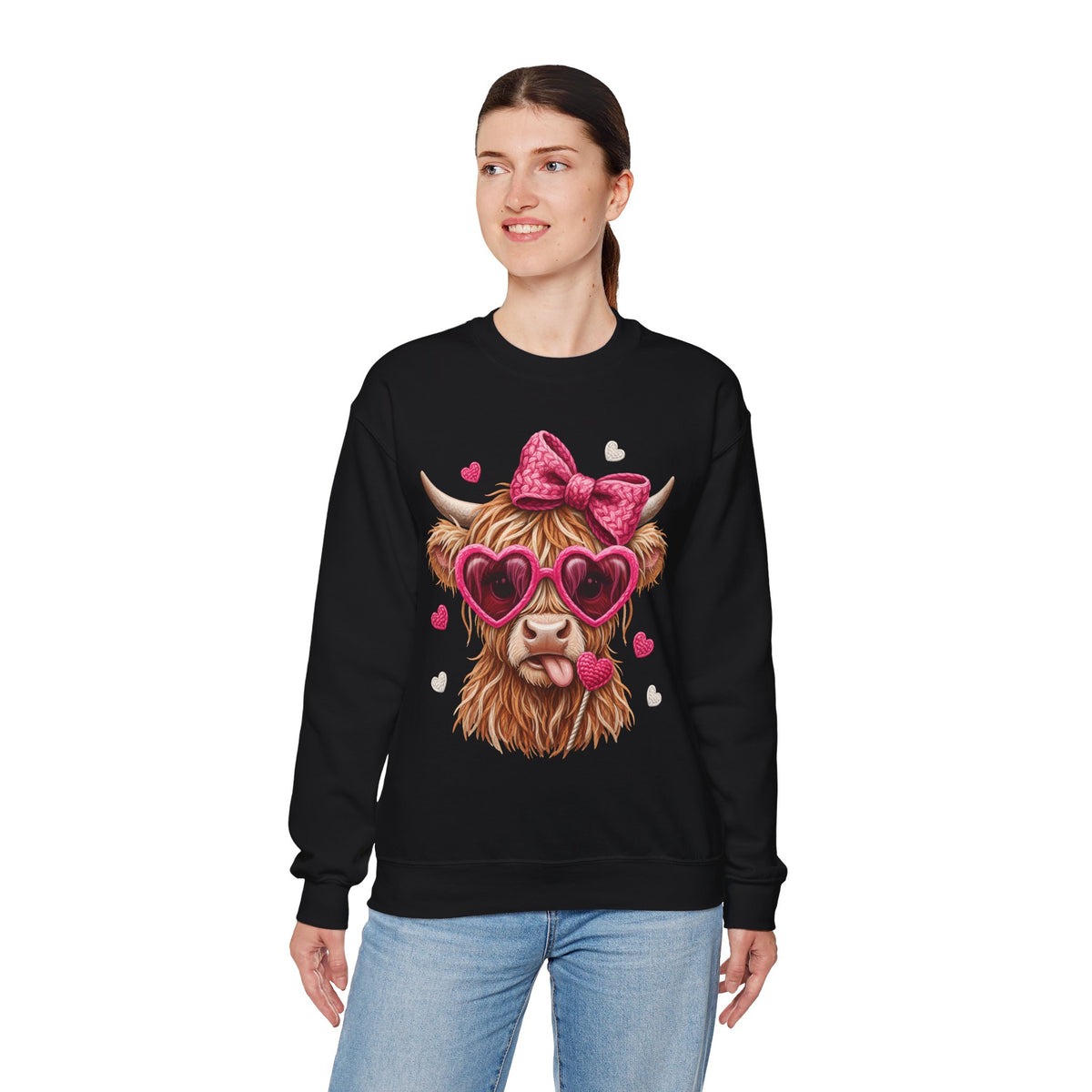 Highland Cow - Pink Heart Shaped Glasses – Gildan Heavy Blend | Trendy Women’s Soft Sweatshirt. Direct to Garment. Printed & Shipped in the USA. Unisex Sizes.