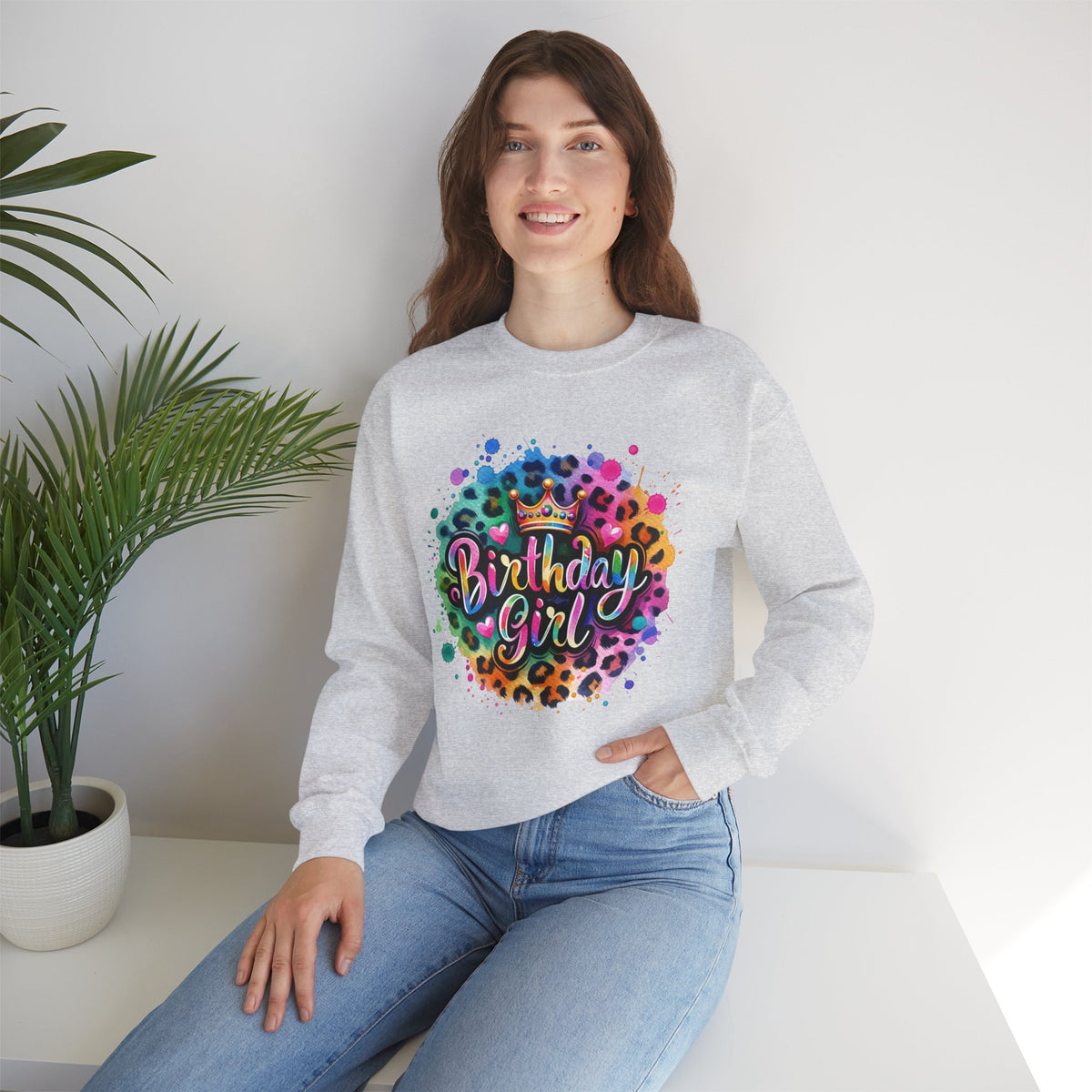 Birthday Girl, Neon Leopard – Gildan Heavy Blend | Trendy Women’s Soft Sweatshirt. Direct to Garment. Printed & Shipped in the USA. Unisex Sizes.