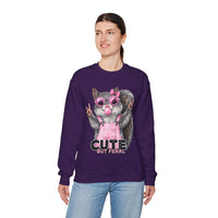 Cute But Feral, Squirrel in Pink Bibs – Gildan Heavy Blend | Trendy Women’s Soft Sweatshirt. Direct to Garment. Printed & Shipped in the USA. Unisex Sizes.