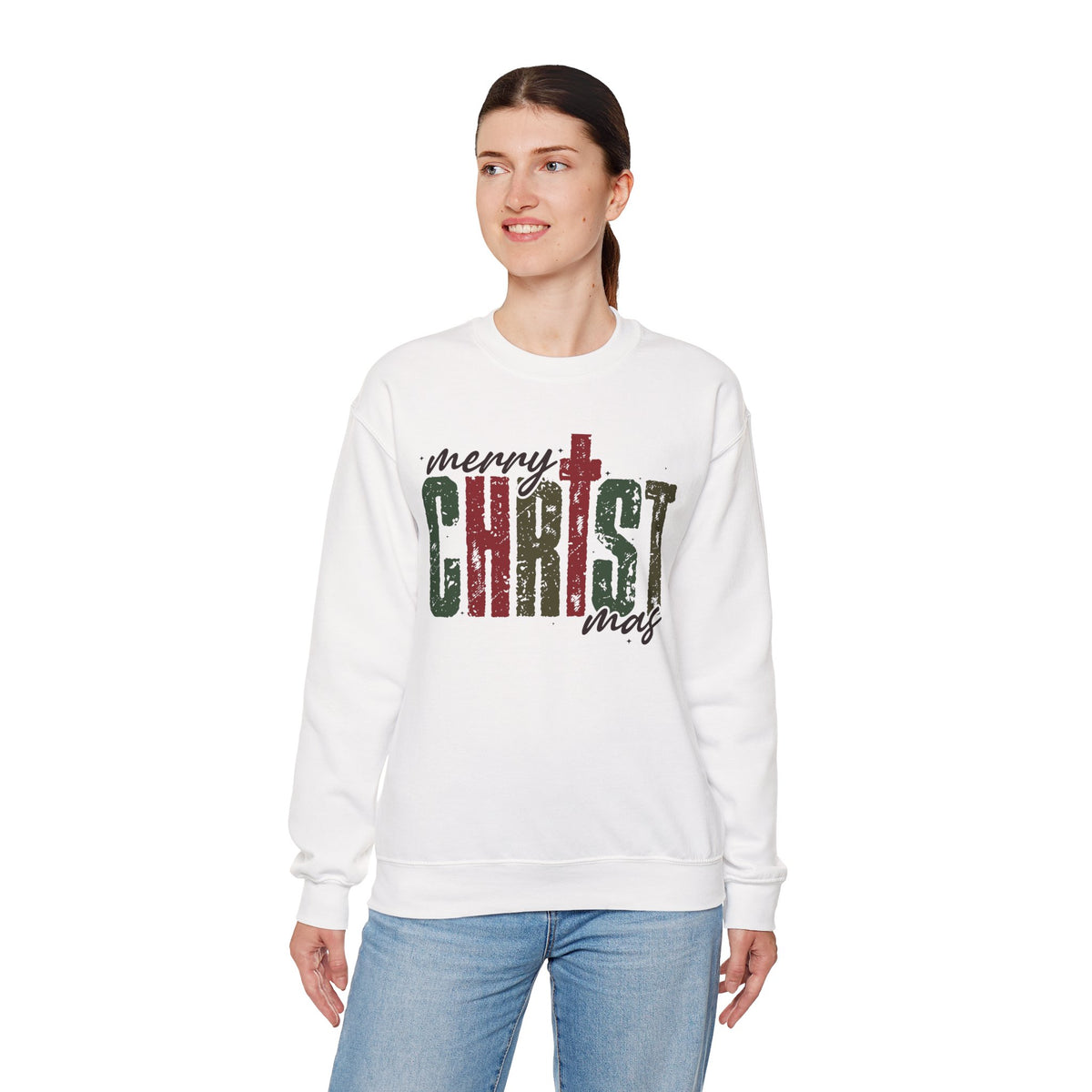 Distressed Merry ChrisTmas Faith Christian – Gildan Heavy Blend | Trendy Women’s Soft Sweatshirt. Direct to Garment. Printed & Shipped in the USA. Unisex Sizes.