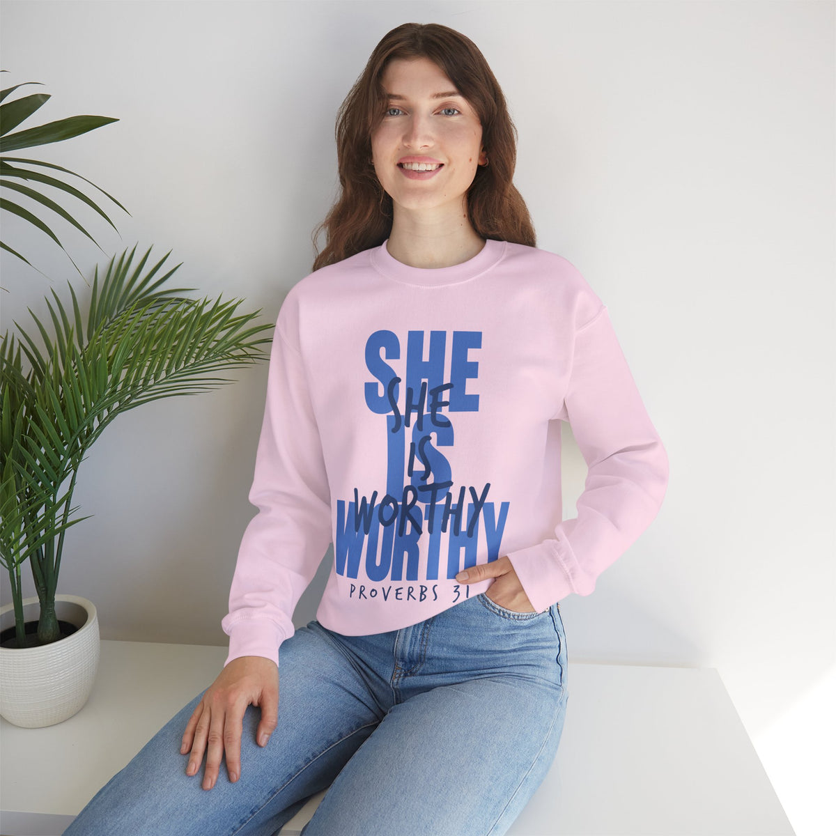 She Is Worthy – Gildan Heavy Blend | Trendy Women’s Soft Sweatshirt. Direct to Garment. Printed & Shipped in the USA. Unisex Sizes.