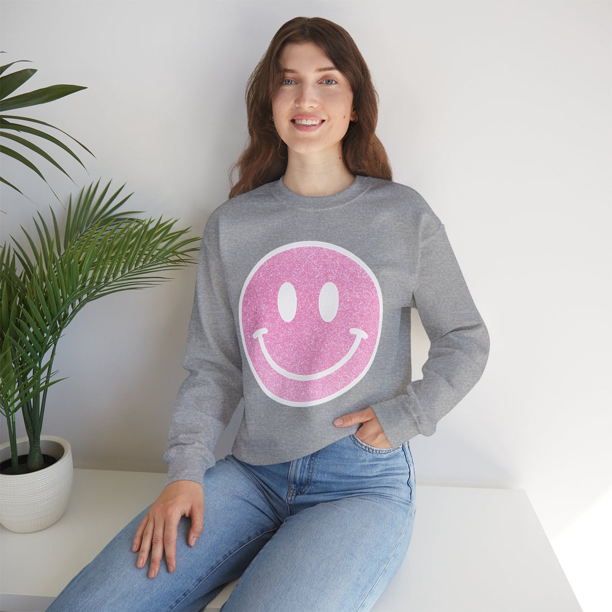 Glitter Smiley – Gildan Heavy Blend | Trendy Women’s Soft Sweatshirt. Direct to Garment. Printed & Shipped in the USA. Unisex Sizes.