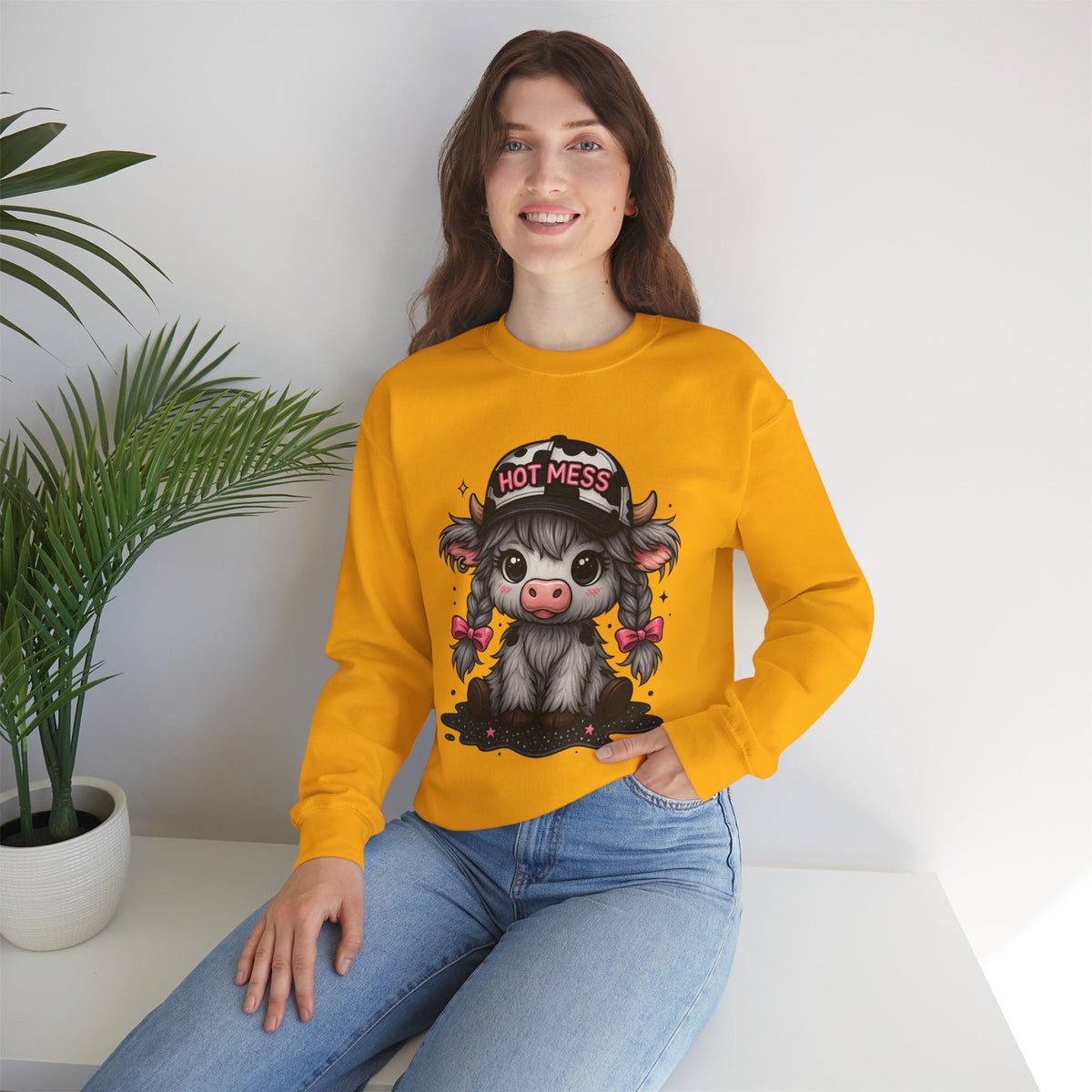 Cute Highland Cow 'Hot Mess' In Braids – Gildan Heavy Blend | Trendy Women’s Soft Sweatshirt. Direct to Garment. Printed & Shipped in the USA. Unisex Sizes.