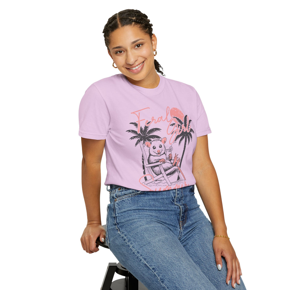 Feral Girl Summer, Possum on a Beach - Comfort Colors | Trendy Women's T-Shirt. Direct to Garment. Printed & Shipped in the USA. Unisex Sizes.