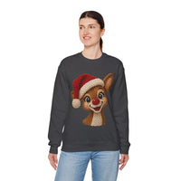 Cute Rudolph Faux Knit Look Reindeer w/Santa Hat – Gildan Heavy Blend | Trendy Women’s Soft Sweatshirt. Direct to Garment. Printed & Shipped in the USA. Unisex Sizes.