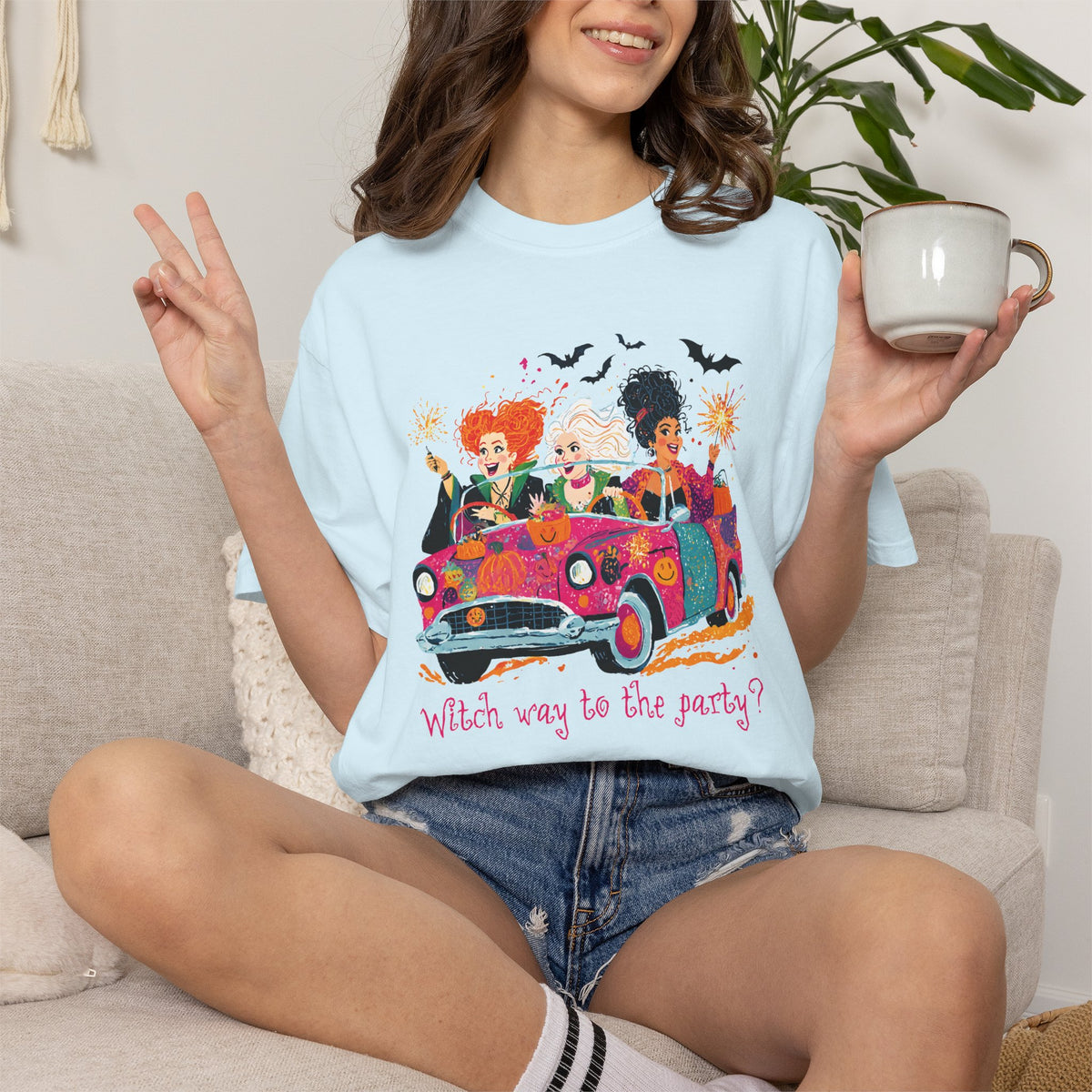 Witch Way to the Party? - Comfort Colors | Trendy Women's T-Shirt. Direct to Garment. Printed & Shipped in the USA. Unisex Sizes.
