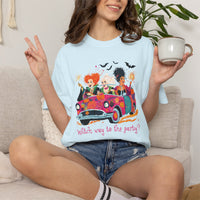 Witch Way to the Party? - Comfort Colors | Trendy Women's T-Shirt. Direct to Garment. Printed & Shipped in the USA. Unisex Sizes.