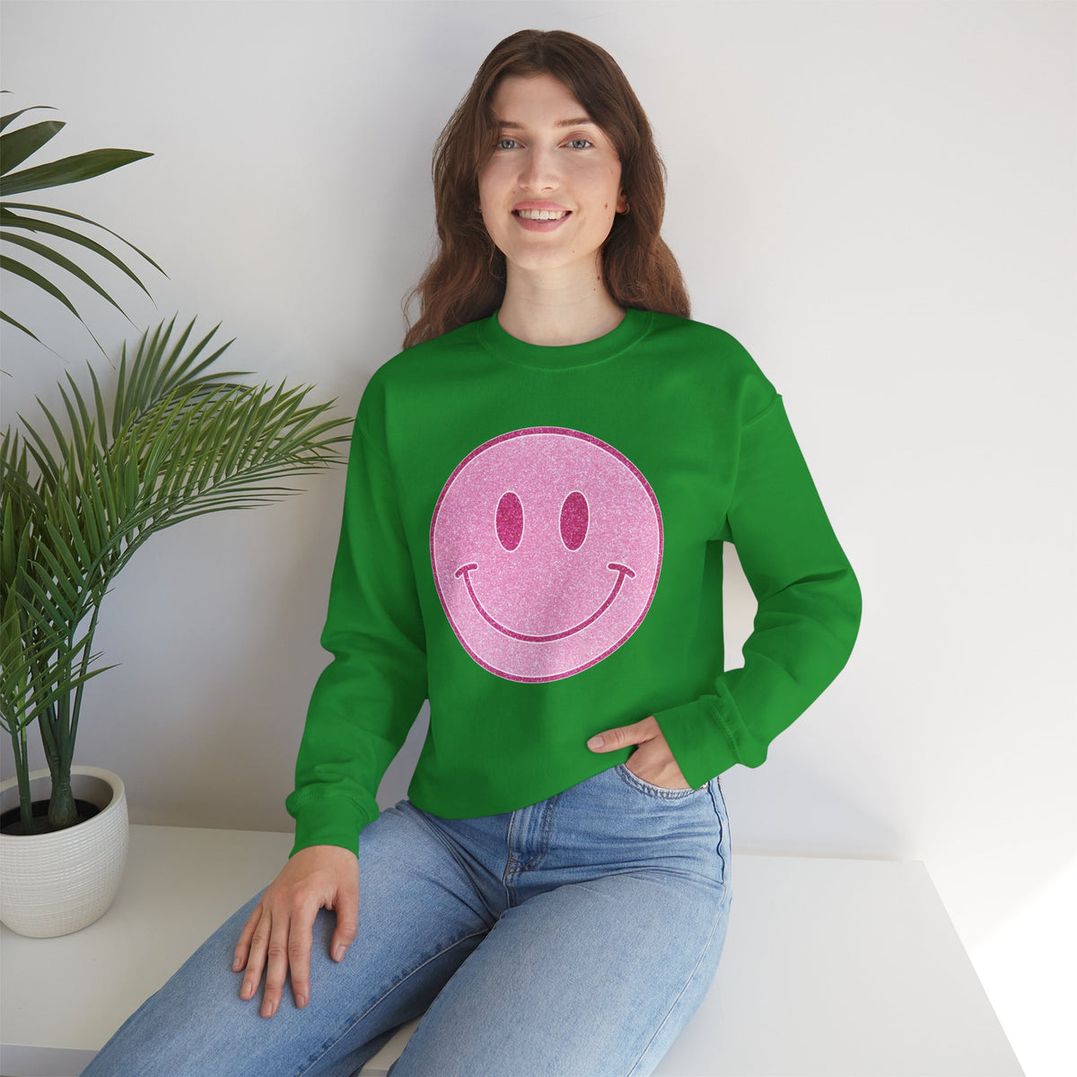 Glitter Smiley – Gildan Heavy Blend | Trendy Women’s Soft Sweatshirt. Direct to Garment. Printed & Shipped in the USA. Unisex Sizes.