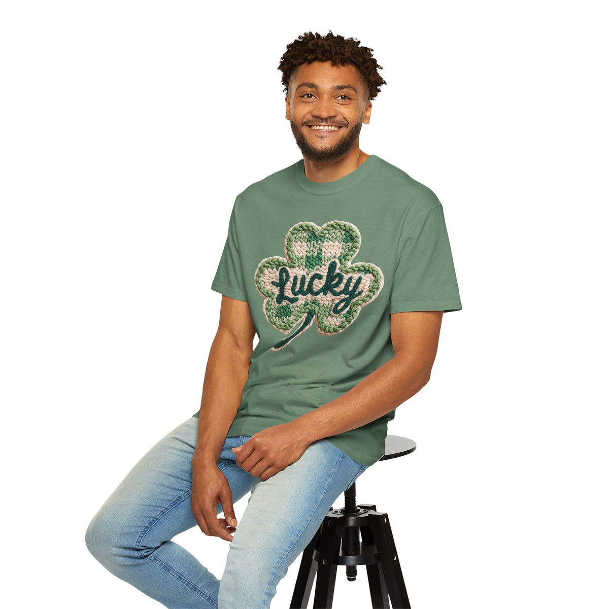 Lucky Shamrock Faux Knit - Comfort Colors | Trendy Men's and Women's T-Shirt. Direct to Garment. Printed & Shipped in the USA. Unisex Sizes.