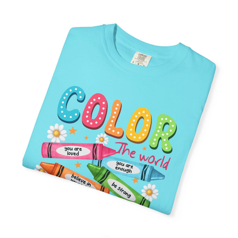 Color the World With Kindness Crayons, Great Teacher Gift - Comfort Colors | Trendy Men's and Women's T-Shirt. Direct to Garment. Printed & Shipped in the USA. Unisex Sizes.