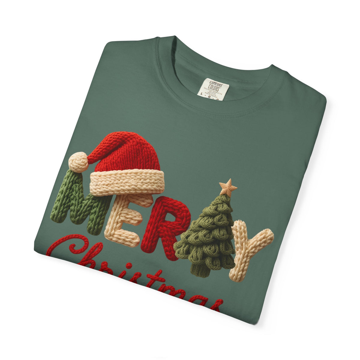 Merry Christmas Faux Yarn w/Santa Hat & Tree - Comfort Colors | Trendy Women's T-Shirt. Direct to Garment. Printed & Shipped in the USA. Unisex Sizes.