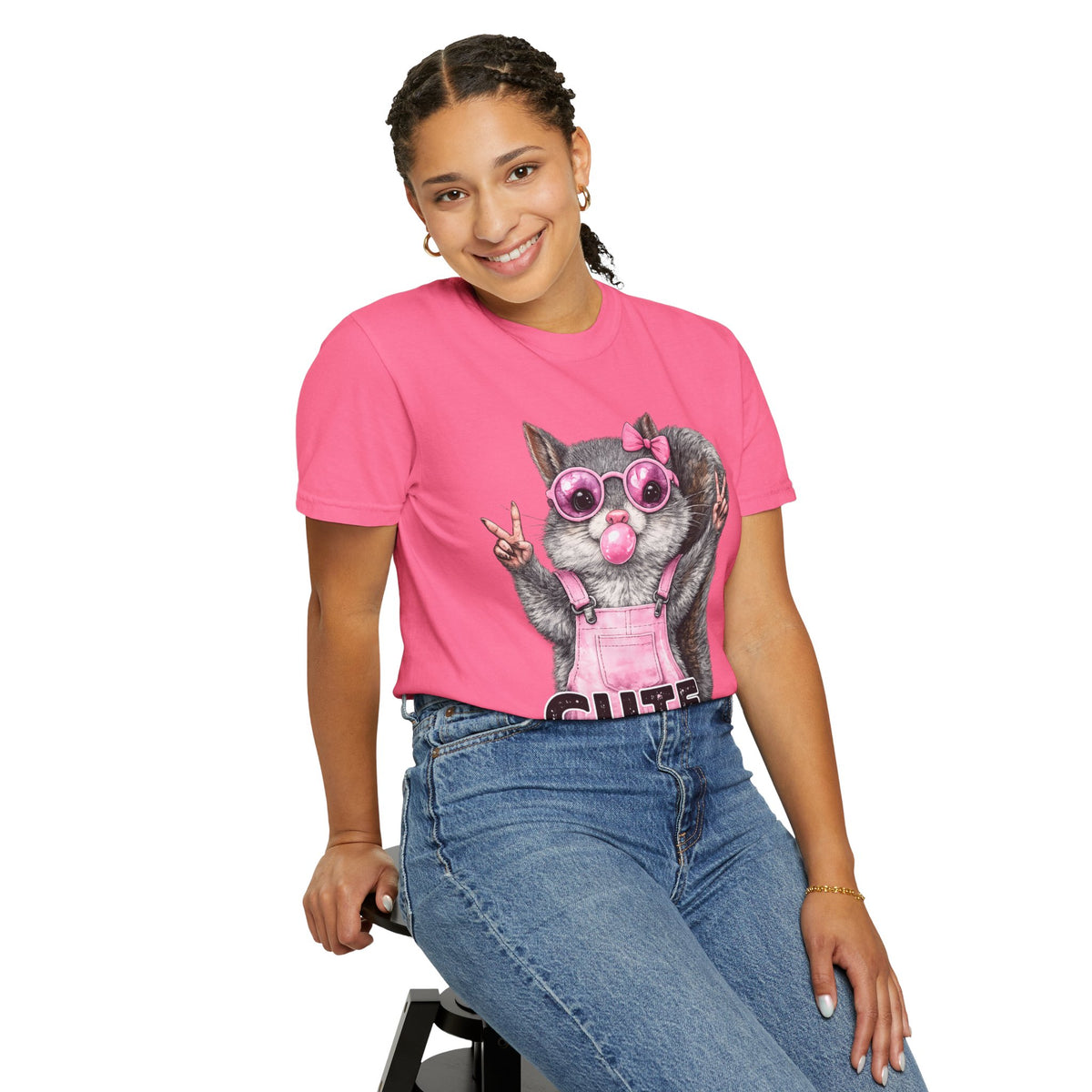 Cute But Feral, Squirrel in Pink Bibs - Comfort Colors | Trendy Women's T-Shirt. Direct to Garment. Printed & Shipped in the USA. Unisex Sizes.