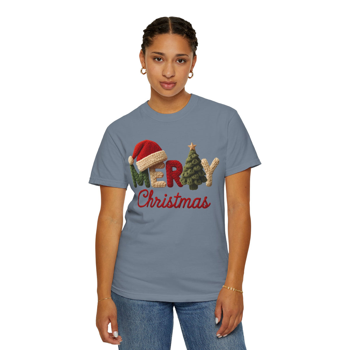 Merry Christmas Faux Yarn w/Santa Hat & Tree - Comfort Colors | Trendy Women's T-Shirt. Direct to Garment. Printed & Shipped in the USA. Unisex Sizes.