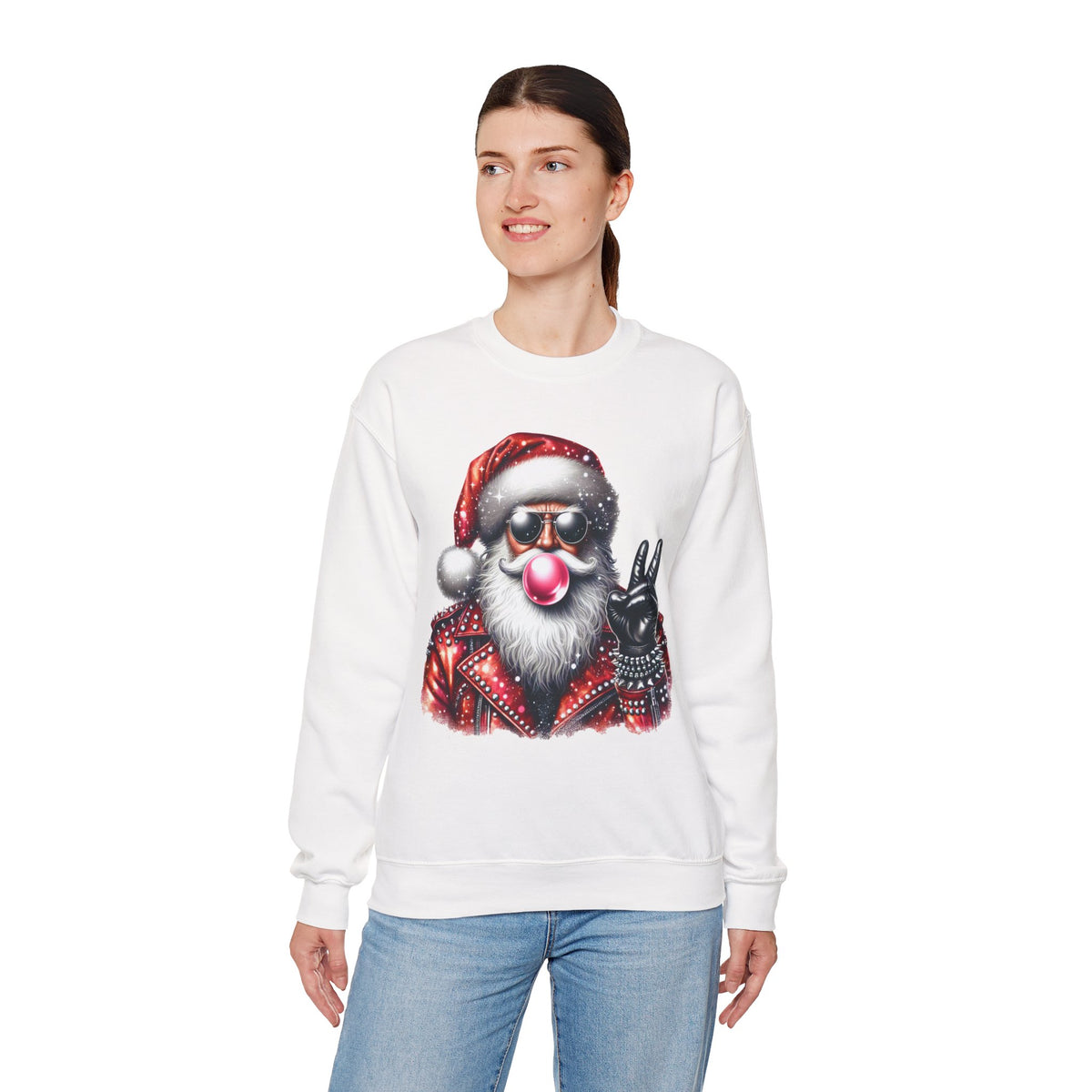 Biker Santa Leather Jacket Bubblegum – Gildan Heavy Blend | Trendy Women’s and Men's Soft Sweatshirt. Direct to Garment. Printed & Shipped in the USA. Unisex Sizes.