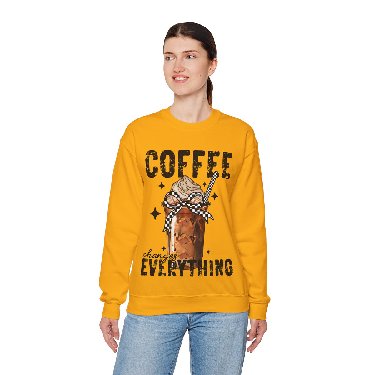 Coffee Changes Everything, Iced Coffee, Coffee Lovers – Gildan Heavy Blend | Trendy Women’s Soft Sweatshirt. Direct to Garment. Printed & Shipped in the USA. Unisex Sizes.