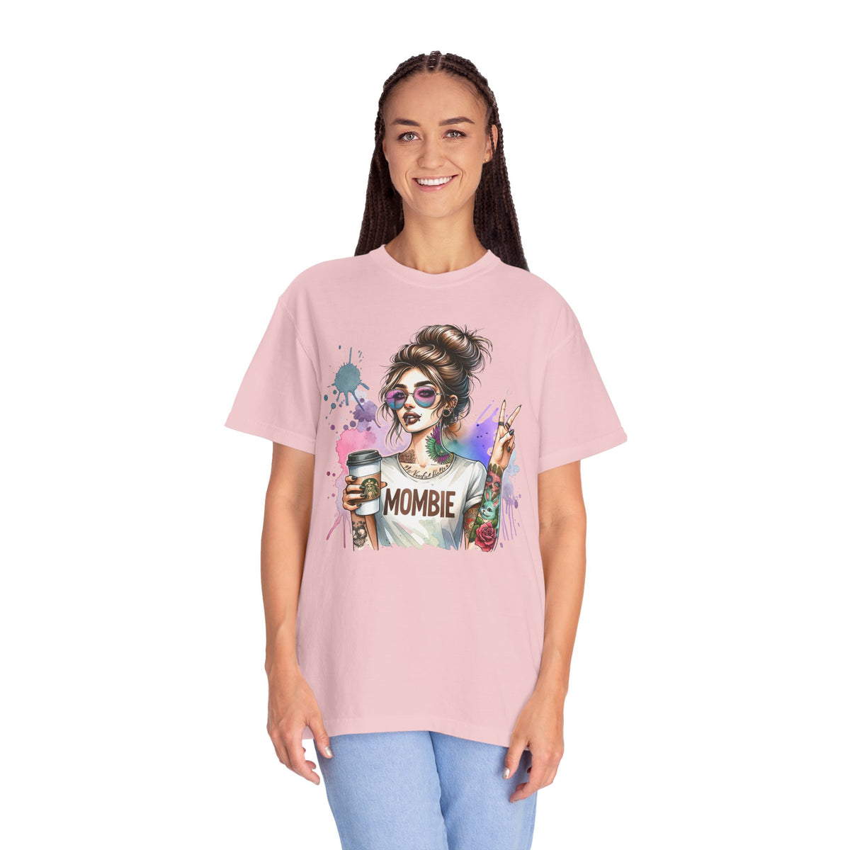 Cool Mombie with Coffee Peace Tattoo - Comfort Colors | Trendy Women's T-Shirt. Direct to Garment. Printed & Shipped in the USA. Unisex Sizes.