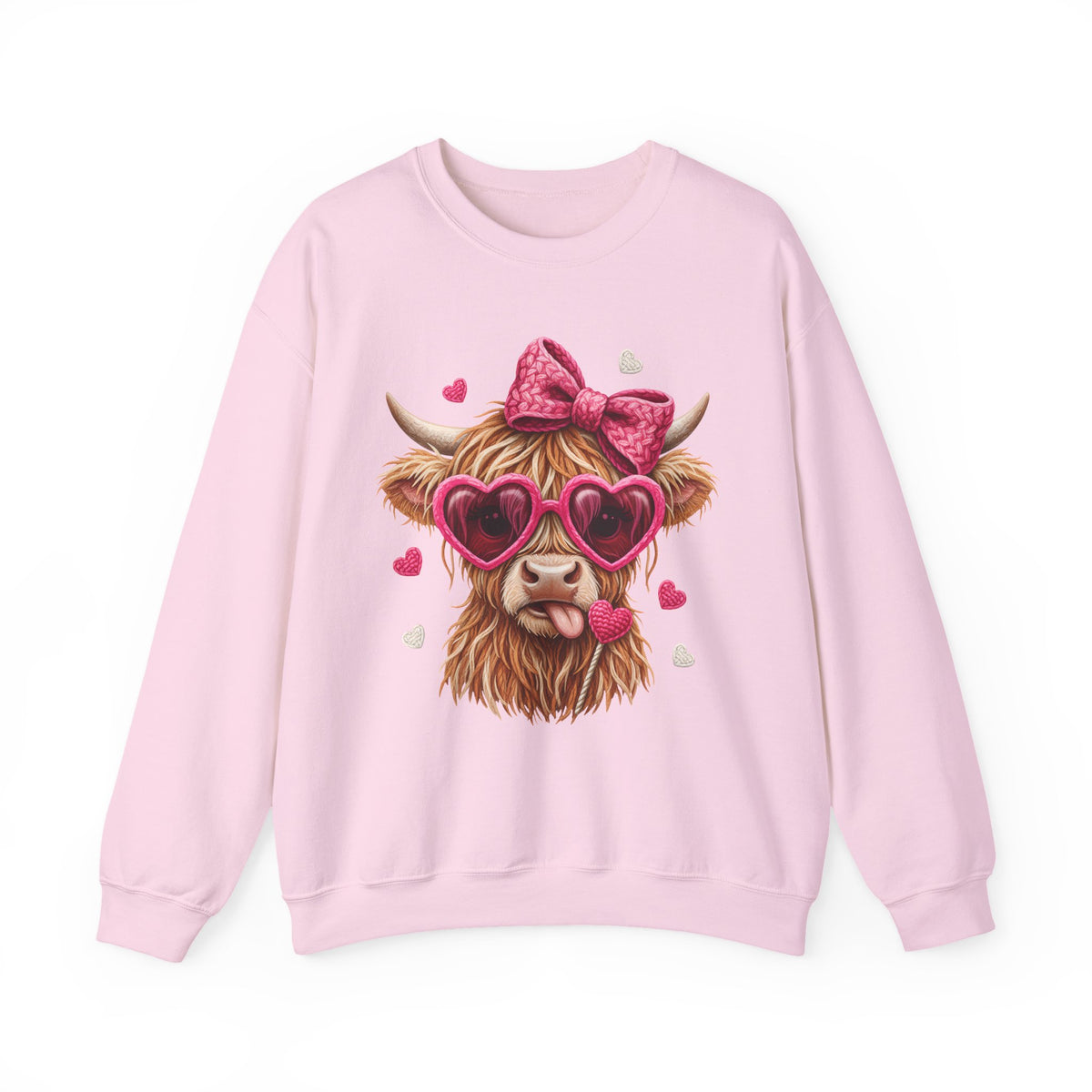 Highland Cow - Pink Heart Shaped Glasses – Gildan Heavy Blend | Trendy Women’s Soft Sweatshirt. Direct to Garment. Printed & Shipped in the USA. Unisex Sizes.