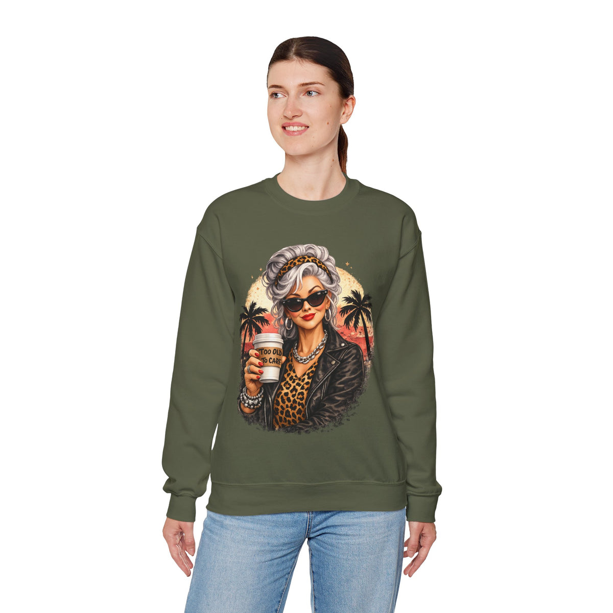 Too Old To Care, Fashionista Grandma – Gildan Heavy Blend | Trendy Women’s Soft Sweatshirt. Direct to Garment. Printed & Shipped in the USA. Unisex Sizes.