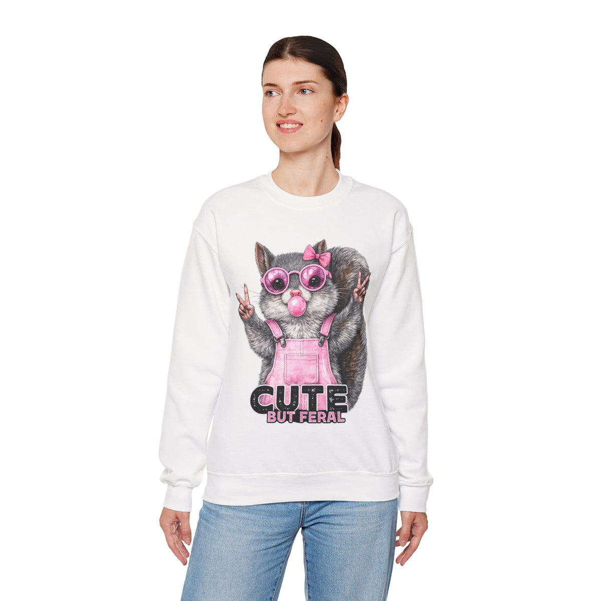 Cute But Feral, Squirrel in Pink Bibs – Gildan Heavy Blend | Trendy Women’s Soft Sweatshirt. Direct to Garment. Printed & Shipped in the USA. Unisex Sizes.