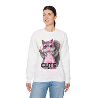 Cute But Feral, Squirrel in Pink Bibs – Gildan Heavy Blend | Trendy Women’s Soft Sweatshirt. Direct to Garment. Printed & Shipped in the USA. Unisex Sizes.