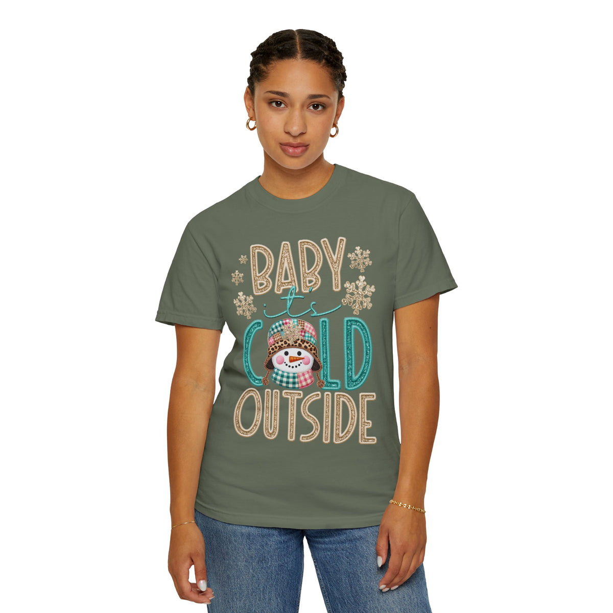 Baby It's Cold Outside Snowman  - Comfort Colors | Trendy Women's T-Shirt. Direct to Garment. Printed & Shipped in the USA. Unisex Sizes.