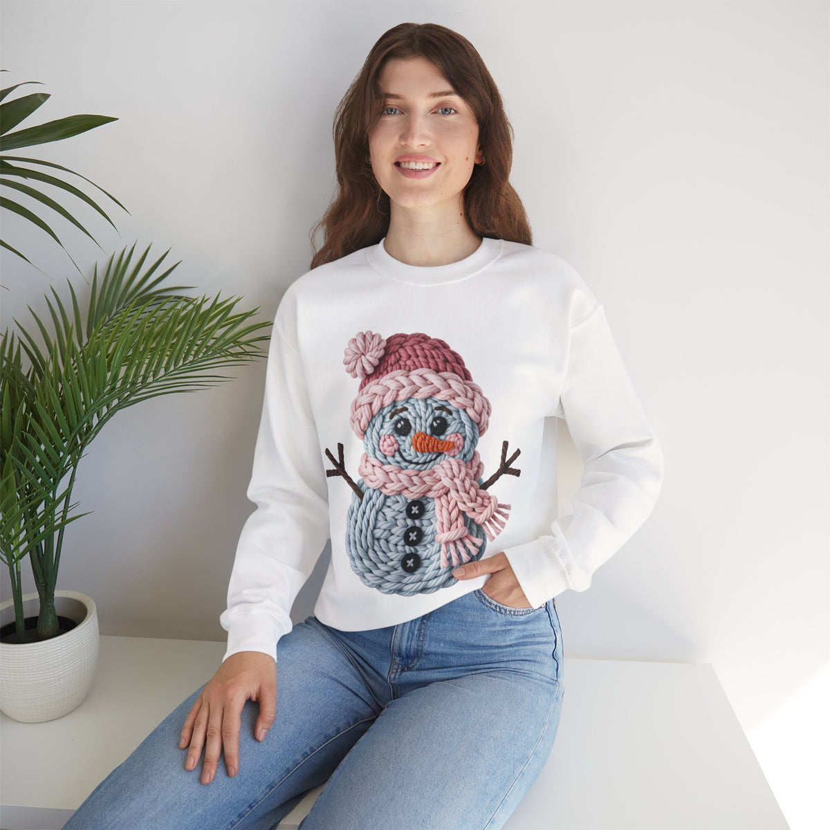 Cute Yarn Snowman - Pink Scarf Faux Yarn – Gildan Heavy Blend | Trendy Women’s Soft Sweatshirt. Direct to Garment. Printed & Shipped in the USA. Unisex Sizes.