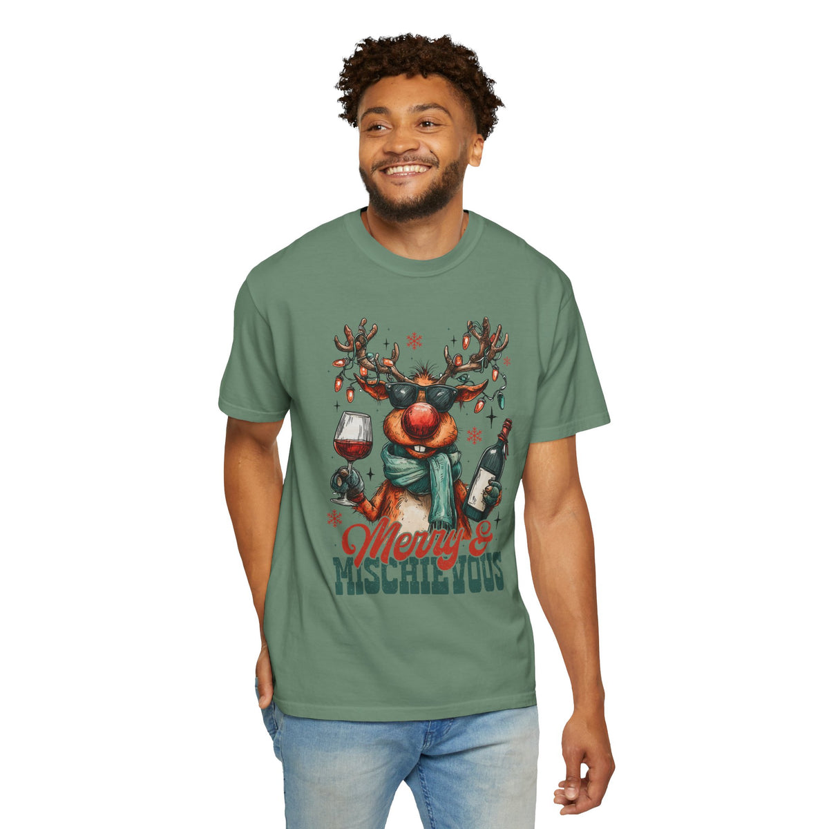 Merry & Mischievous Reindeer - Comfort Colors | Trendy Women's and Men's T-Shirt. Direct to Garment. Printed & Shipped in the USA. Unisex Sizes.