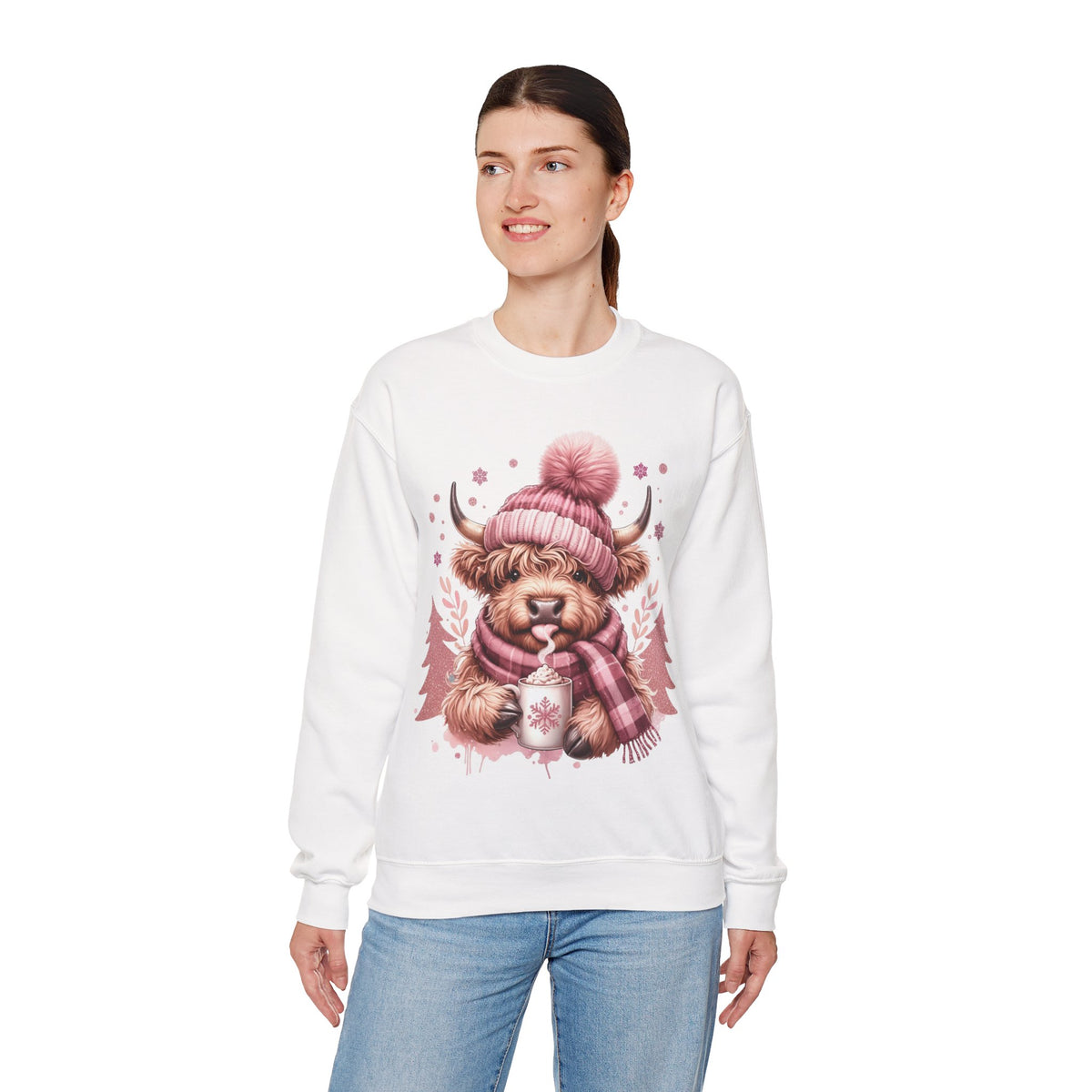 Cozy Highland Cow, Winter Coffee Mug & Scarf Pink – Gildan Heavy Blend | Trendy Women’s Soft Sweatshirt. Direct to Garment. Printed & Shipped in the USA. Unisex Sizes.