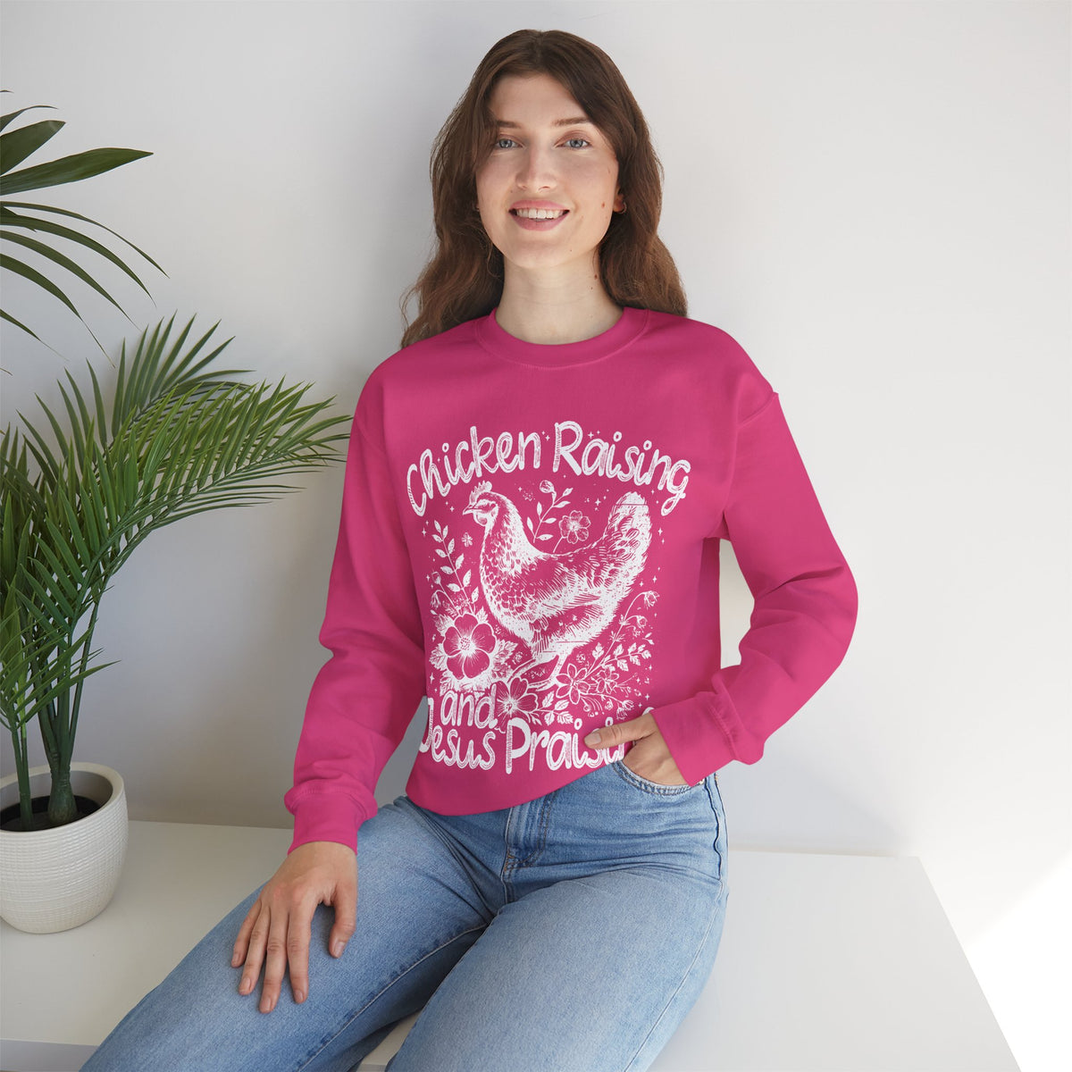 Chicken Raising and Jesus Praising – Gildan Heavy Blend | Trendy Men's and Women’s Soft Sweatshirt. Direct to Garment. Printed & Shipped in the USA. Unisex Sizes.