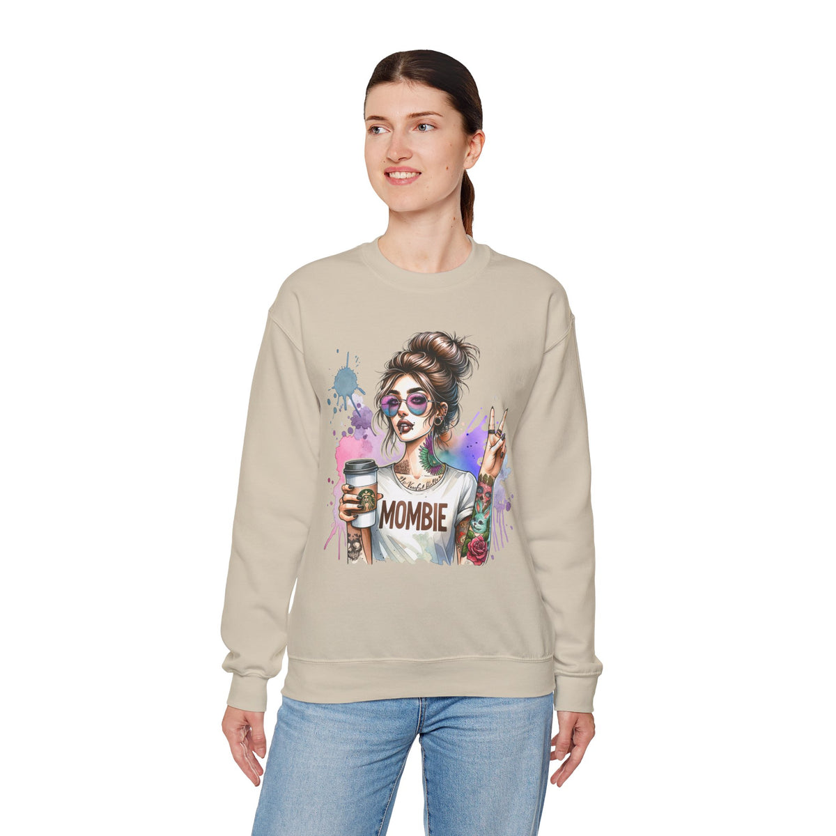 Cool Mombie with Coffee Peace Tattoo - Tired Mom – Gildan Heavy Blend | Trendy Women’s Soft Sweatshirt. Direct to Garment. Printed & Shipped in the USA. Unisex Sizes.
