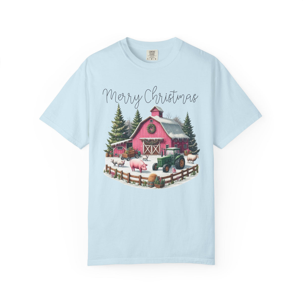 Merry Christmas Pink Barn Farm Animals - Comfort Colors | Trendy Women's T-Shirt. Direct to Garment. Printed & Shipped in the USA. Unisex Sizes.