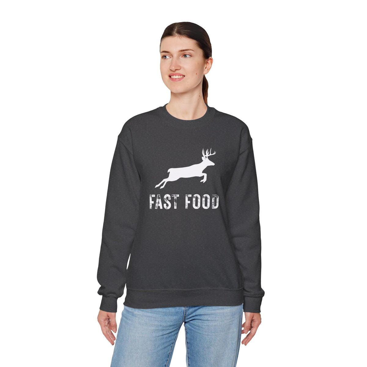 Fast Food Deer Hunting Humor Distressed – Gildan Heavy Blend | Trendy Men's and Women’s Soft Sweatshirt. Direct to Garment. Printed & Shipped in the USA. Unisex Sizes.