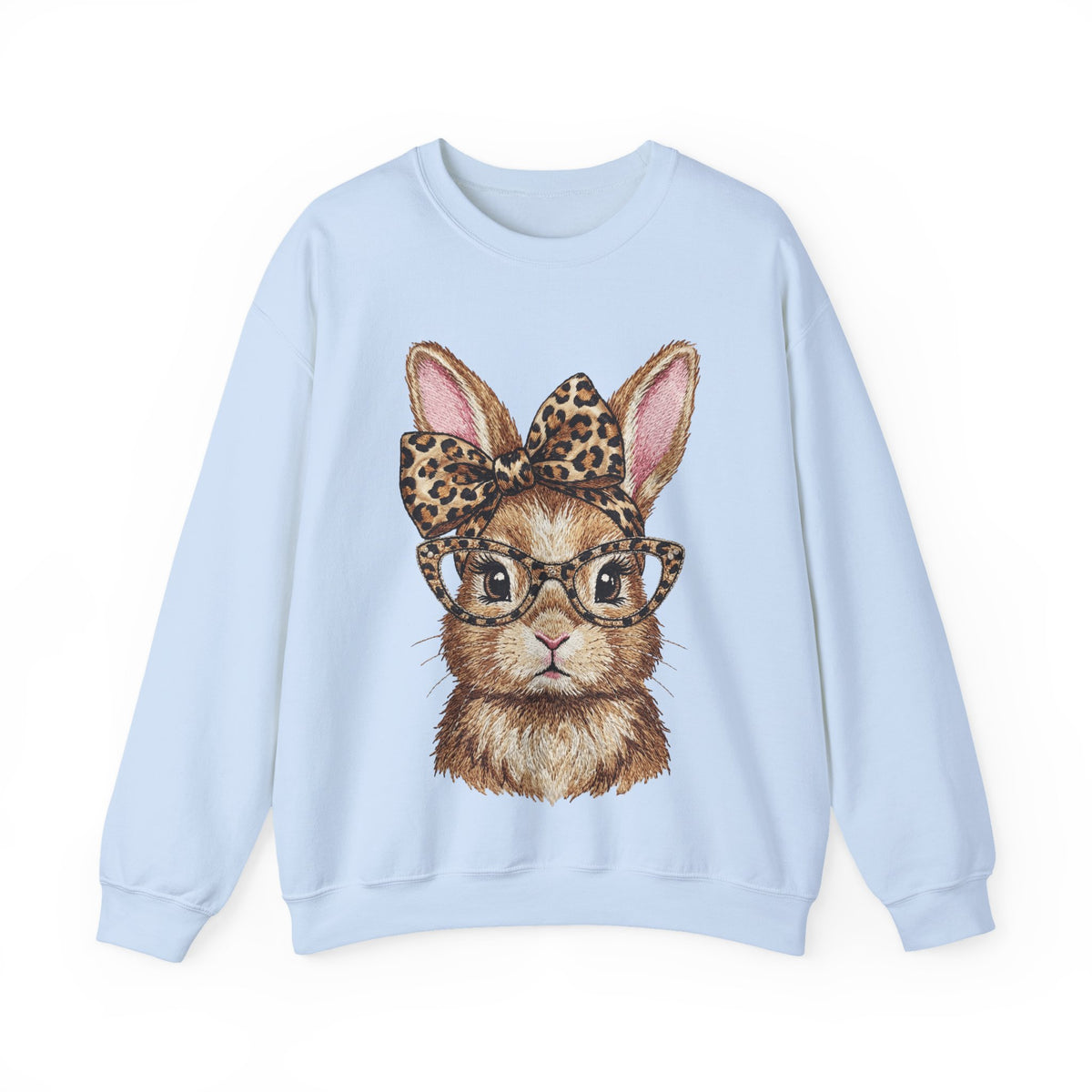 Bunny with Leopard Glasses and Bow – Gildan Heavy Blend | Trendy Women’s Soft Sweatshirt. Direct to Garment. Printed & Shipped in the USA. Unisex Sizes.